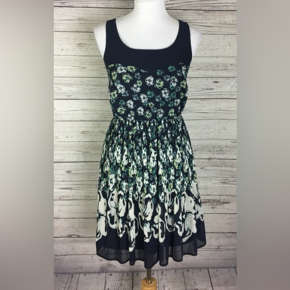 LC Lauren Conrad Blue Floral Sleeveless Elastic Waist Lined Blouson Dress